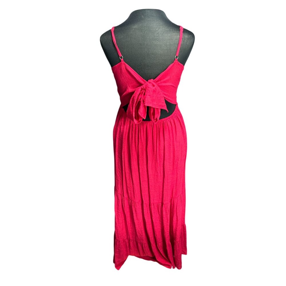 Sleeveless Red Lace Midi Dress With Adjustable Straps & Bow Back Detail - Picture 3 of 9